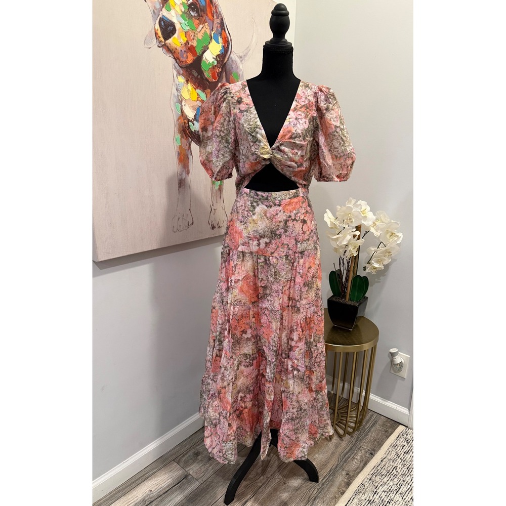 & Other Stories Floral Twisted Cut Out Puff Sleeve Tiered Midi Dress Pink NWT